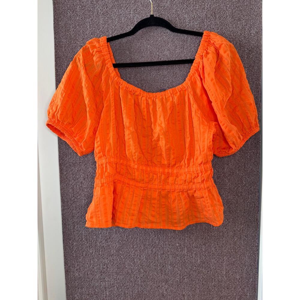 Tommy Hilfiger Puffy Short Sleeve Pullover Blouse Smocked Waist 100% Cotton M